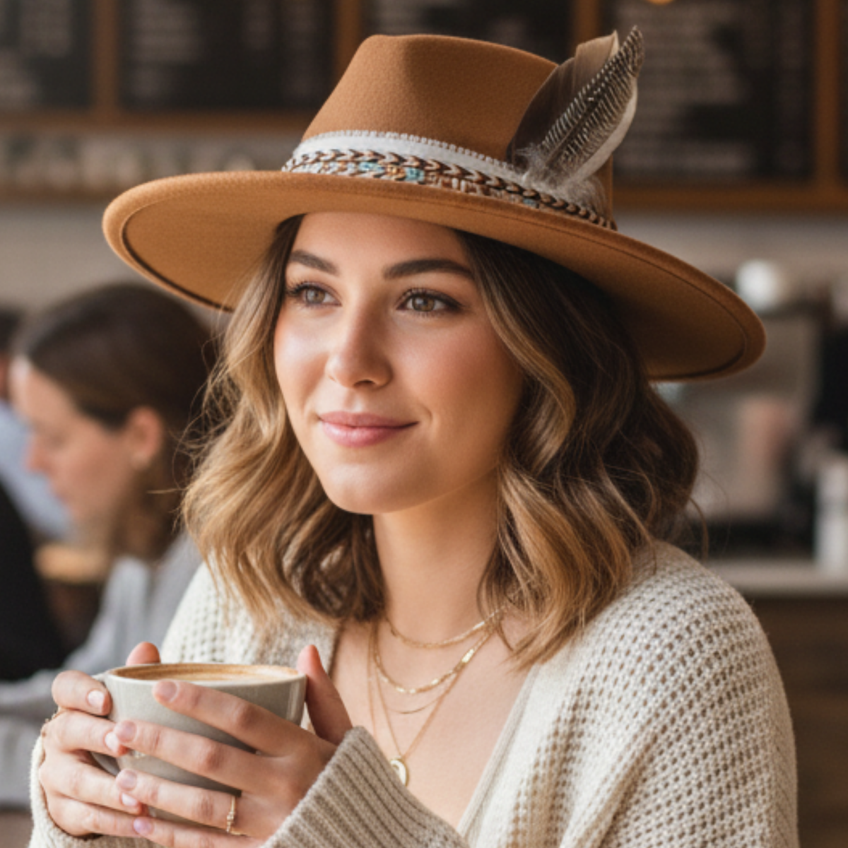 Feathered Western Hat | Khaki Boho Cowgirl Hat