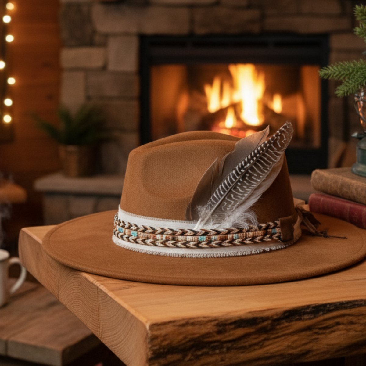 Feathered Western Hat | Khaki Boho Cowgirl Hat