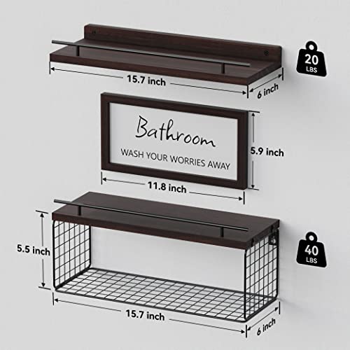 WOPITUES Floating Shelves for Bathroom Wall Decor Sign, Bathroom Organizers and Storage, Bathroom Shelves Over Toilet with Metal Guardrail-Rustic Brown