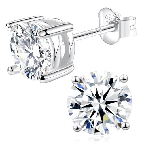 Moissanite Lab Created Diamond Earrings 1.0ctw-3.0ctw Solitaire Studs, D Color VVS1, Hypoallergenic 925 Sterling Silver, White Gold Plated, Friction Back - Gift for Women & Men, Silver 4P