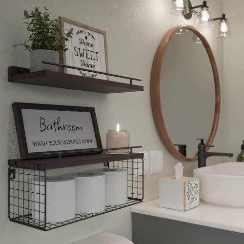WOPITUES Floating Shelves for Bathroom Wall Decor Sign, Bathroom Organizers and Storage, Bathroom Shelves Over Toilet with Metal Guardrail-Rustic Brown