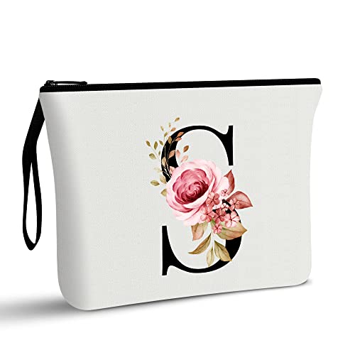 Vavabox A-Z Personalized Makeup Bag,Birthday Gifts for Women Mom,Gifts for Best Friend,Bride Bridesmaid Cosmetic bag (S, White)
