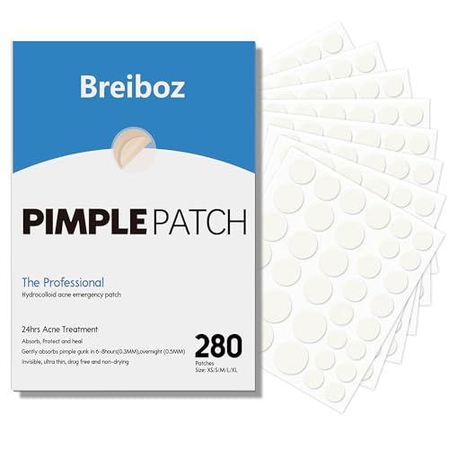 Breiboz Pimple Patches for Face, Hydrocolloid Acne Patches, Zit Patches for Day and Night Invisible with Tea Tree, Salicylic Acid & Cica Oil-280 Patches,5 Size,2 Thickness