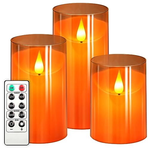 NURADA Orange Flameless Candles: 3D Wick Battery Operated LED Candle with Remote Timers Electric Fake Candles Realistic for Halloween Pumpkin Lanterns Fall Decoration Pack of 3