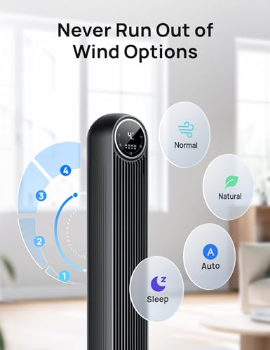 Dreo Tower Fan for Bedroom, 25ft/s Velocity Quiet Floor Fan, 90° Oscillating Fans for Indoors with 4 Speeds, 4 Modes, 8H Timer, Standing Fans, Bladeless Fan, Black, Nomad One (DR-HTF007)