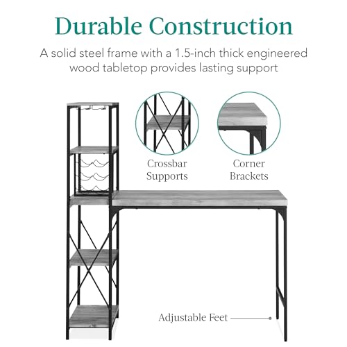 Best Choice Products 3-Piece Counter Height Dining Set, Desk, Bar, Kitchen Island Table w/ 2 Stools, Wine Rack & Storage Shelves - Gray