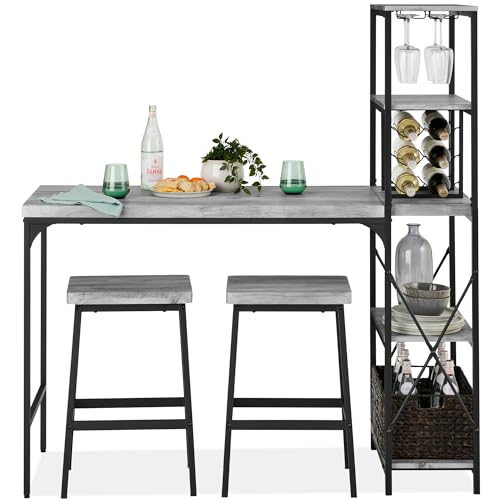 Best Choice Products 3-Piece Counter Height Dining Set, Desk, Bar, Kitchen Island Table w/ 2 Stools, Wine Rack & Storage Shelves - Gray