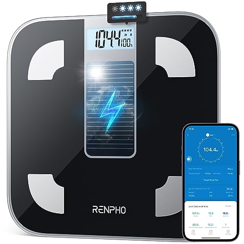 RENPHO Scale for Body Weight and Fat Percentage, No Battery Replacement Solar Power Digital Bathroom Smart Scale Bluetooth Body Fat Scale, Body Composition Monitor with App 400 lbs-Elis
