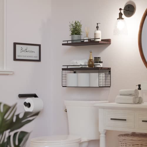 WOPITUES Floating Shelves for Bathroom Wall Decor Sign, Bathroom Organizers and Storage, Bathroom Shelves Over Toilet with Metal Guardrail-Rustic Brown