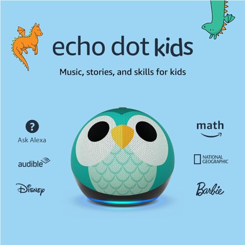 Amazon Echo Dot Kids (newest model), Designed for kids, with parental controls, Includes 1 Year of Amazon Kids+, Owl