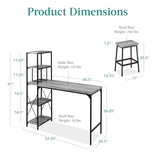 Best Choice Products 3-Piece Counter Height Dining Set, Desk, Bar, Kitchen Island Table w/ 2 Stools, Wine Rack & Storage Shelves - Gray