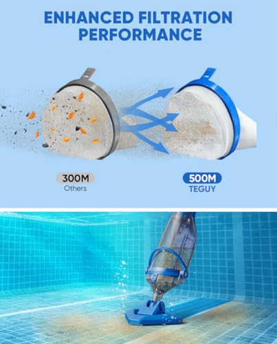 Teguy Cordless Pool Vacuum with Telescopic Pole, 18.5 GPM Powerful Suction, 1.5H Supercharge Technology, Handheld Rechargeable Pool Vacuum Cleaner for Above Ground/Inground Pools, Hot Tubs, Spas