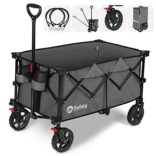 Sekey 220L Collapsible Foldable Wagon with 330lbs Weight Capacity, Heavy Duty Folding Wagon Cart with Big All-Terrain Wheels & Drink Holders (Grey)