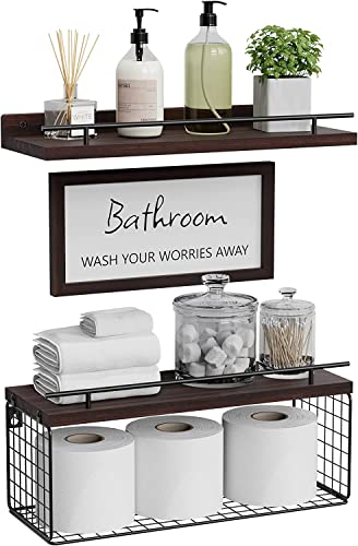 WOPITUES Floating Shelves for Bathroom Wall Decor Sign, Bathroom Organizers and Storage, Bathroom Shelves Over Toilet with Metal Guardrail-Rustic Brown