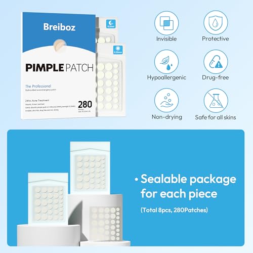 Breiboz Pimple Patches for Face, Hydrocolloid Acne Patches, Zit Patches for Day and Night Invisible with Tea Tree, Salicylic Acid & Cica Oil-280 Patches,5 Size,2 Thickness