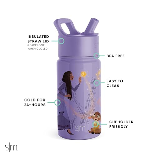 Simple Modern Disney Wish Kids Water Bottle with Straw Lid | Reusable Insulated Stainless Steel Cup for Girls, School | Summit Collection | 14oz Water Bottle