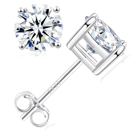 Moissanite Lab Created Diamond Earrings 1.0ctw-3.0ctw Solitaire Studs, D Color VVS1, Hypoallergenic 925 Sterling Silver, White Gold Plated, Friction Back - Gift for Women & Men, Silver 4P