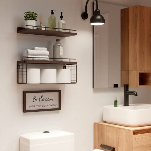 WOPITUES Floating Shelves for Bathroom Wall Decor Sign, Bathroom Organizers and Storage, Bathroom Shelves Over Toilet with Metal Guardrail-Rustic Brown