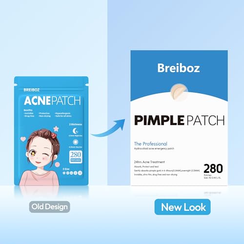 Breiboz Pimple Patches for Face, Hydrocolloid Acne Patches, Zit Patches for Day and Night Invisible with Tea Tree, Salicylic Acid & Cica Oil-280 Patches,5 Size,2 Thickness