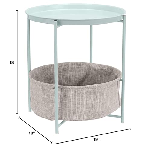 Amazon Basics Round Storage End Table, Side Table with Cloth Basket, Mint Green/Heather Gray, 18 in x 18 in x 19 in