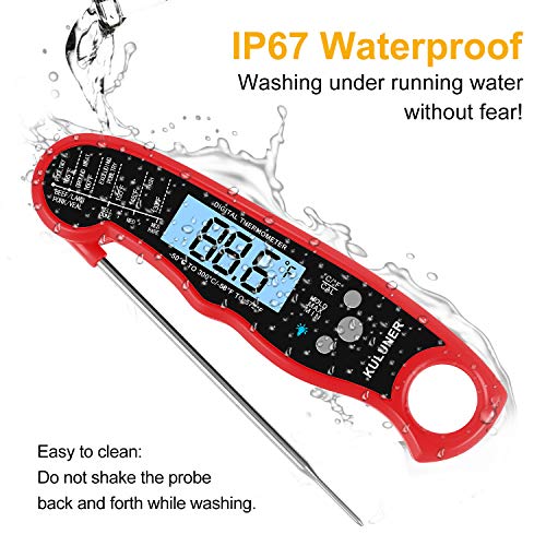 KULUNER TP-01 Waterproof Digital Instant Read Meat Thermometer with 4.6 Folding Probe Backlight Calibration Function for Cooking Food Candy, BBQ Grill, Liquids,Beef（Red）