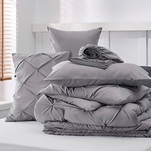 Bedsure Twin Comforter Set with Sheets - 5 Pieces Bedding Sets, Pinch Pleat Grey Bed in a Bag with Comforter, Pillowcase & Sham