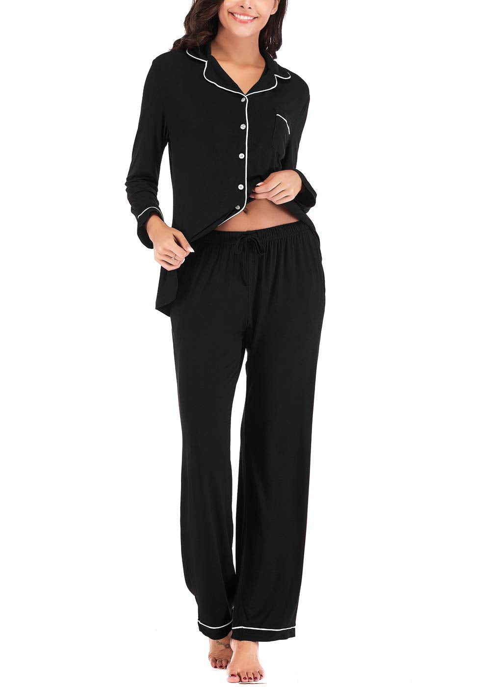 Aamikast Women's Pajama Sets Long Sleeve Button Down Sleepwear Nightwear Soft Pjs Lounge Sets (Black XS)