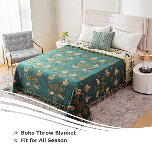 Boho Throw Blanket for Bed - 100% Cotton Ultra Soft Rustic Quilt - Fall Blanket Bird Floral Printed Farmhouse Decor Large Bed Blankets,60"×80" All Season Rustic Throw for Sofa Couch Chair