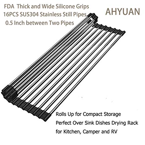 Ahyuan Roll up Dish Drying Rack Over The Sink Kitchen Roll up Sink Drying Rack Portable Dish Drainer Foldable Dish Drying Rack (Black, 17.8''X11.8'')