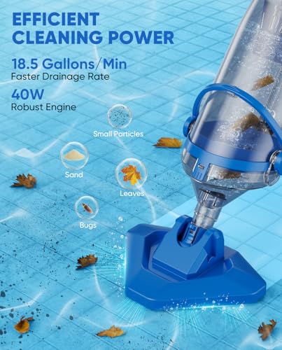 Teguy Cordless Pool Vacuum with Telescopic Pole, 18.5 GPM Powerful Suction, 1.5H Supercharge Technology, Handheld Rechargeable Pool Vacuum Cleaner for Above Ground/Inground Pools, Hot Tubs, Spas