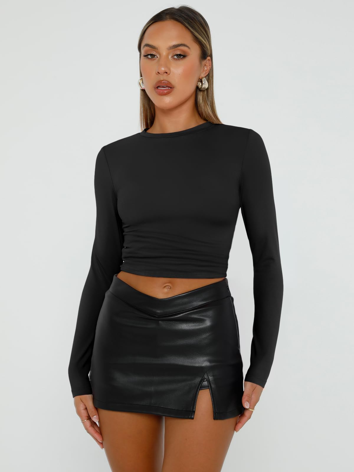 Trendy Queen Womens Long Sleeve Shirts Basic Crop Tops Tight Slim Fit Cute Teen Girls Fall Winter Y2k Clothes Black 2XS