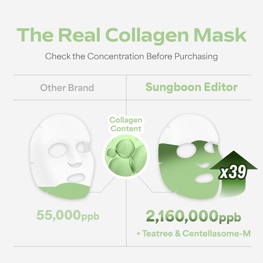 SUNGBOON EDITOR Deep Collagen CICA Teatree Soothing Overnight Mask 37gx4ea | The real collagen 2,160,000ppb | Facial Hydrogel Masks with low molecular weight collagen for elasticity and soothing