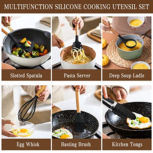 Umite Chef Kitchen Cooking Utensils Set, 33 pcs Non-Stick Utensils Spatula Set with Holder, Black Wooden Handle Silicone Kitchen Gadgets