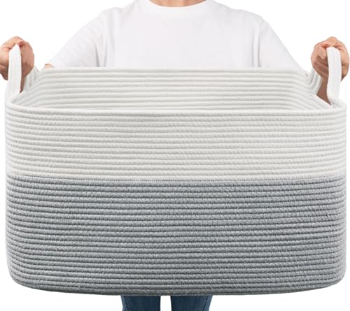 Goodpick Large Toy Storage Basket, 65L Grey Cotton Rope Basket Toy Storage Bin for Baby, Kids, Woven Storage Basket with Handle for Laundry, Living Room, Nursery, Bedroom, 21.6" x 14.9" x 11.8"