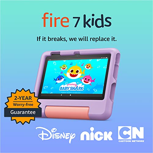 Amazon Fire 7 Kids tablet (newest model) ages 3-7. Top-selling 7" kids tablet on Amazon | ad-free content with parental controls included, 10-hr battery, 16 GB, Purple