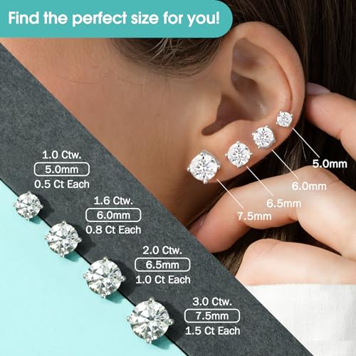 Moissanite Lab Created Diamond Earrings 1.0ctw-3.0ctw Solitaire Studs, D Color VVS1, Hypoallergenic 925 Sterling Silver, White Gold Plated, Friction Back - Gift for Women & Men, Silver 4P