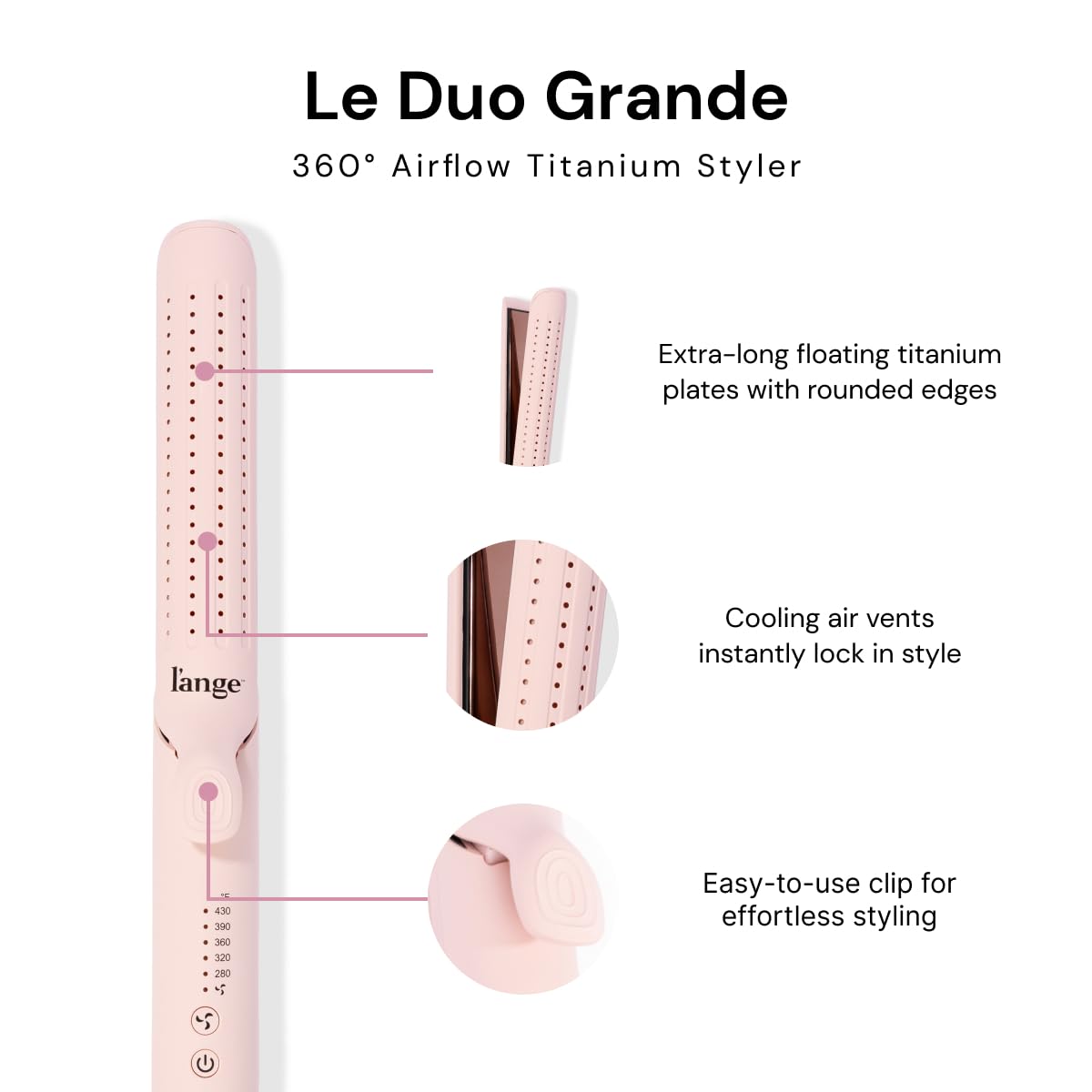 L'ANGE HAIR Le Duo Grande 360° Airflow Styler | 2-in-1 Curling Wand & Titanium Flat Iron Professional Hair Straightener and Curler with Cooling Air Vents to Lock in Style | Adjustable Temp (Blush)