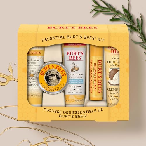 Burt's Bees Christmas Gifts, 5 Stocking Stuffers Products, Everyday Essentials Set - Original Beeswax Lip Balm, Deep Cleansing Cream, Hand Salve, Body Lotion & Coconut Foot Cream, Travel Size