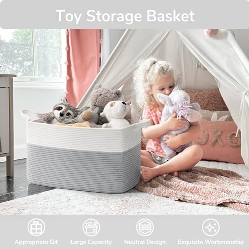 Goodpick Large Toy Storage Basket, 65L Grey Cotton Rope Basket Toy Storage Bin for Baby, Kids, Woven Storage Basket with Handle for Laundry, Living Room, Nursery, Bedroom, 21.6" x 14.9" x 11.8"