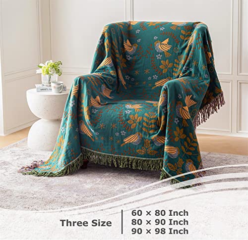 Boho Throw Blanket for Bed - 100% Cotton Ultra Soft Rustic Quilt - Fall Blanket Bird Floral Printed Farmhouse Decor Large Bed Blankets,60"×80" All Season Rustic Throw for Sofa Couch Chair