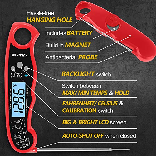 KULUNER TP-01 Waterproof Digital Instant Read Meat Thermometer with 4.6 Folding Probe Backlight Calibration Function for Cooking Food Candy, BBQ Grill, Liquids,Beef（Red）