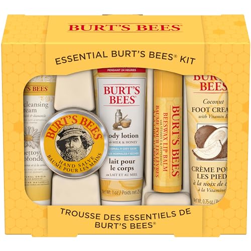 Burt's Bees Christmas Gifts, 5 Stocking Stuffers Products, Everyday Essentials Set - Original Beeswax Lip Balm, Deep Cleansing Cream, Hand Salve, Body Lotion & Coconut Foot Cream, Travel Size