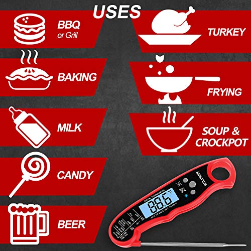 KULUNER TP-01 Waterproof Digital Instant Read Meat Thermometer with 4.6 Folding Probe Backlight Calibration Function for Cooking Food Candy, BBQ Grill, Liquids,Beef（Red）