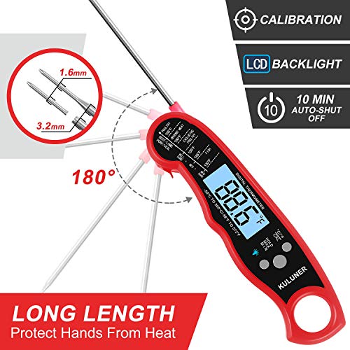 KULUNER TP-01 Waterproof Digital Instant Read Meat Thermometer with 4.6 Folding Probe Backlight Calibration Function for Cooking Food Candy, BBQ Grill, Liquids,Beef（Red）