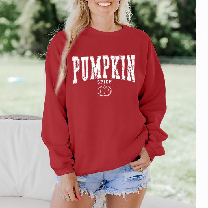 Zylkor Womens Pumpkin Sweatshirts Pumpkin Spice Graphic Tees Thanksgiving Long Sleeve Fall Pullover Tops Red