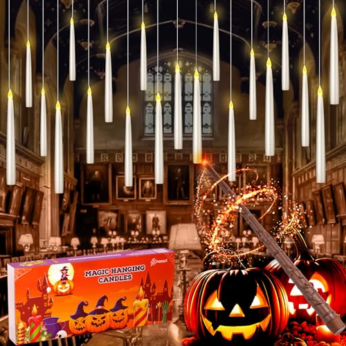 Halloween Decorations, 20pcs Floating Candles with Wand Remote, Flickering Warmer Light Flameless Candles, Magic Hanging Candles with DIY Sticker, Halloween Decorations Decor Indoor Outdoor Party