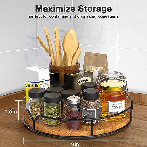 Lazy Susan Turntable Organizer for Cabinet Pantry Kitchen Countertop Refrigerator Cupboard, Pine Wood, 9", Carbonized Black