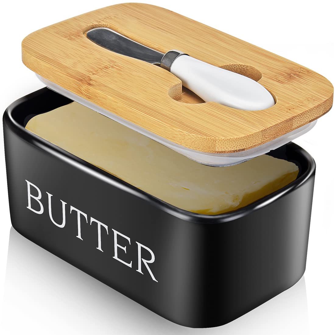 Butter Dish with Lid, Large Butter Dish for Countertop,Ceramic Butter Keeper Container with Knife and High-Quality Silicone Sealing Butter Dish for Home Decor Good Kitchen Gift Black