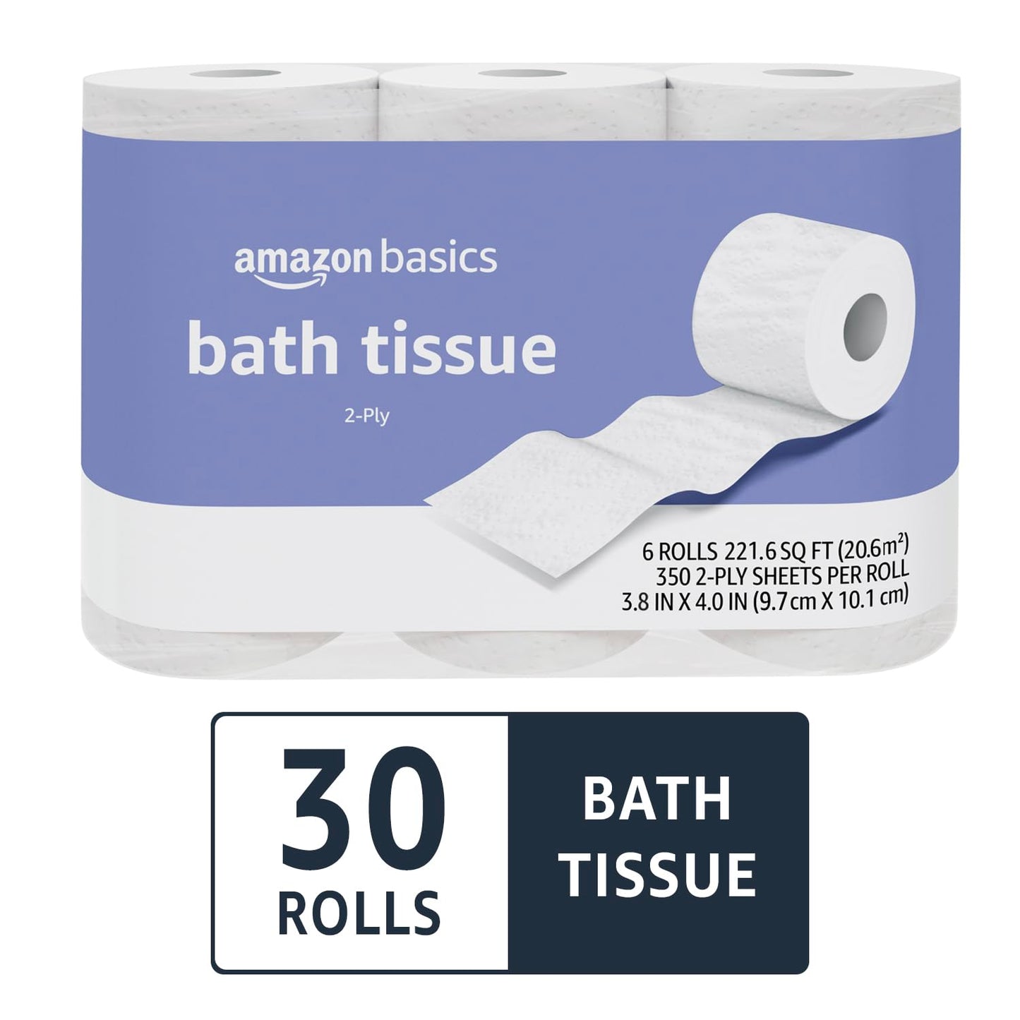 Amazon Basics 2-Ply Toilet Paper, 30 Rolls = 120 Regular Rolls, 350 Sheets, (Pack of 30), Unscented