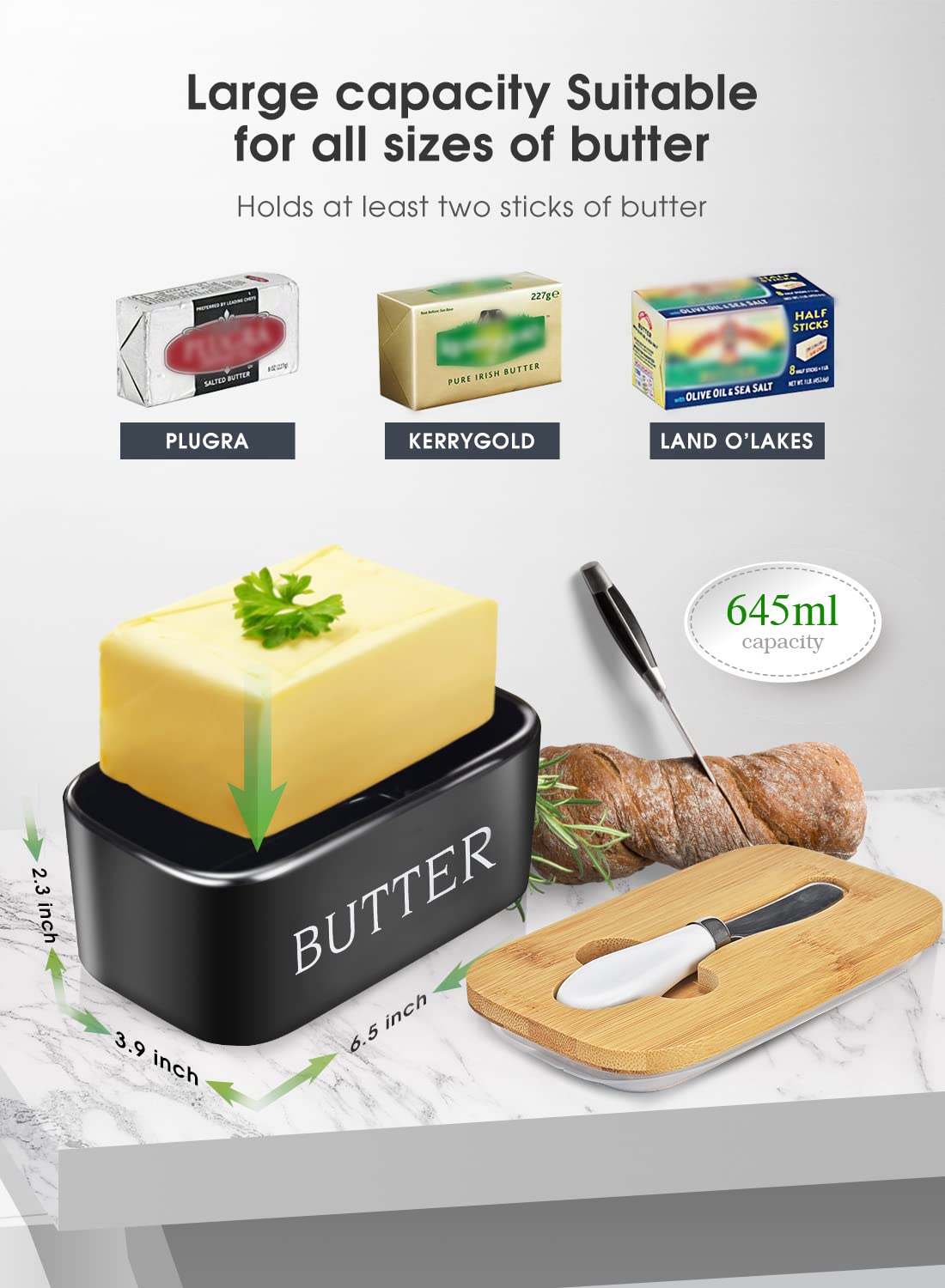 Butter Dish with Lid, Large Butter Dish for Countertop,Ceramic Butter Keeper Container with Knife and High-Quality Silicone Sealing Butter Dish for Home Decor Good Kitchen Gift Black